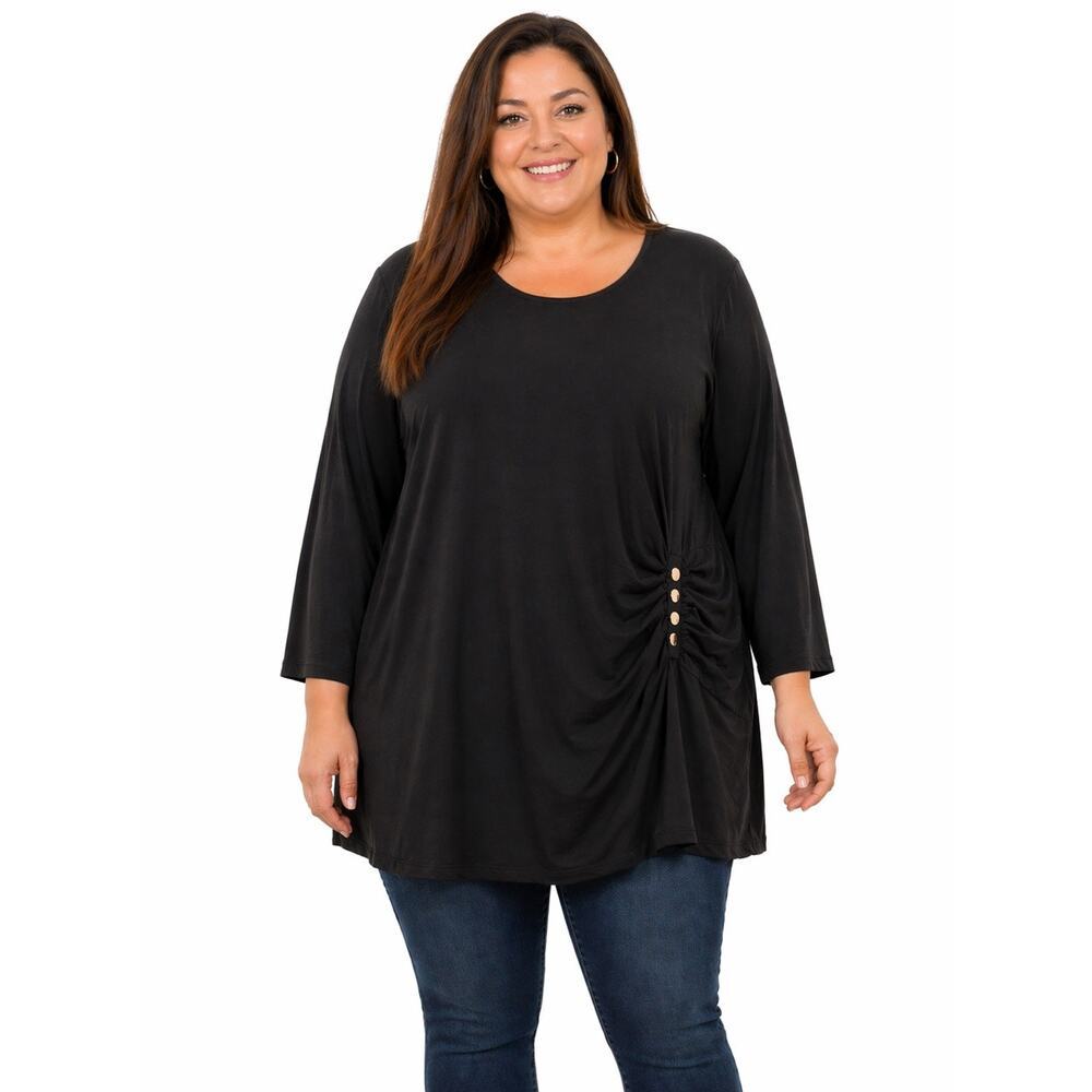 Carmen Marc Valvo Woman Black Ruched Gold Button Stretch Top Blouse 1X NWOT